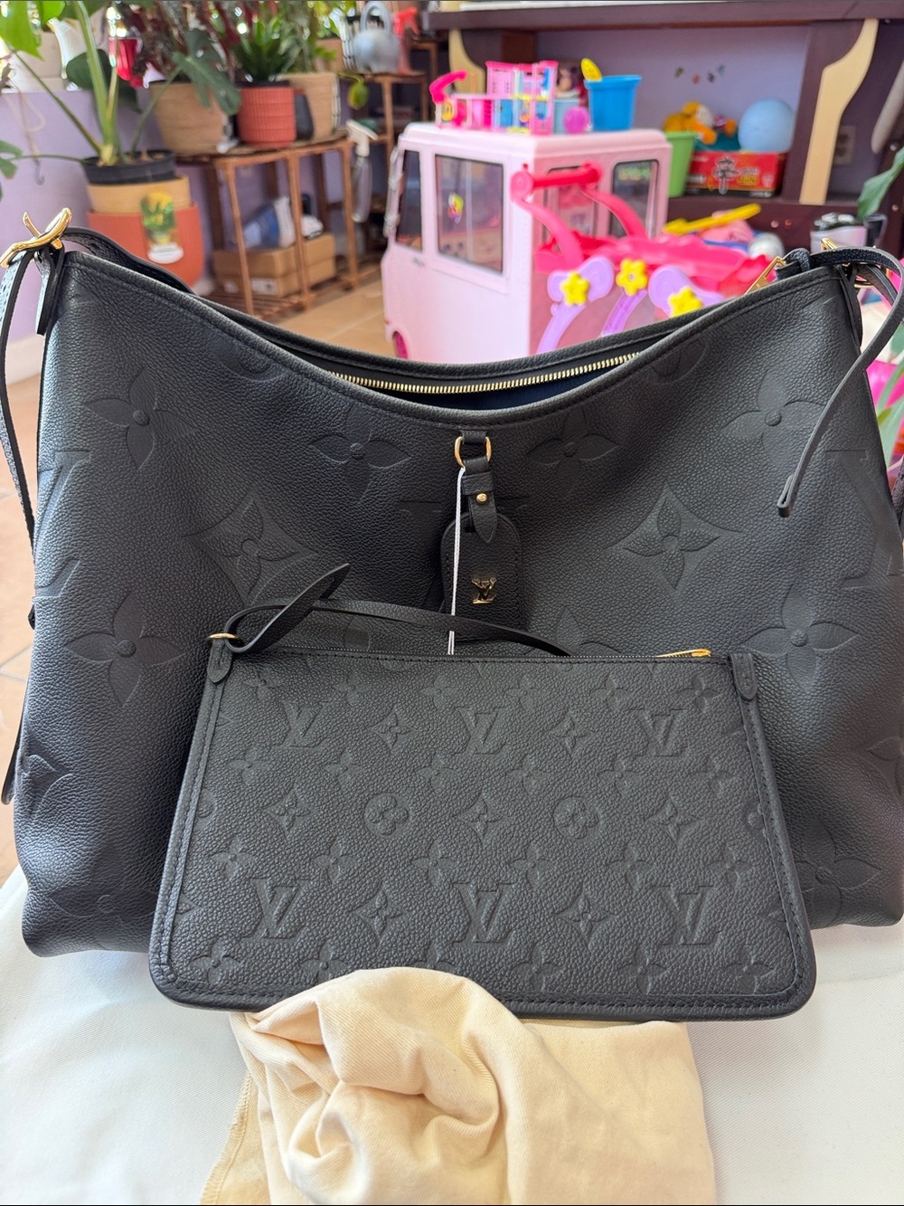 Louis Vuitton Black Embossed Leather Shoulder Bag with Removable Pouch